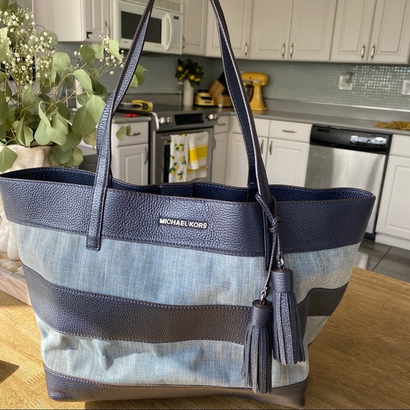 Michael Kors Bags Michael Kors Striped Canvas Tote Bag Washed Denim Poshmark
